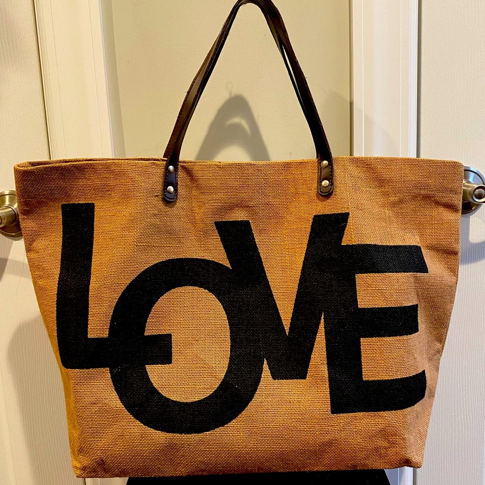 LOVE Burlap Tote Bag